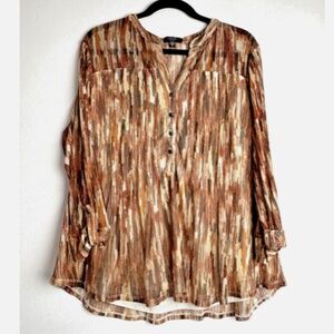 Cocomo Womens Brown Patterned Pleated 3/4 Sleeve Relaxed V Neck Blouse Top